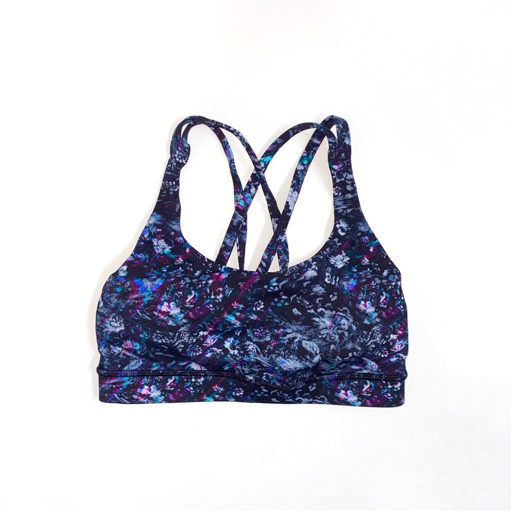 Lululemon black floral strappy racerback scoop neck pull over energy sports bra